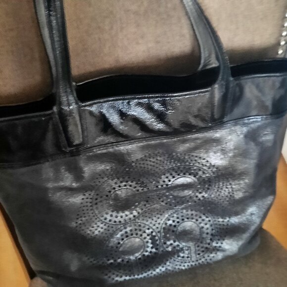 COACH Audry Shoulder Tote Bag Perforated Black Patent Leather - Picture 3 of 9